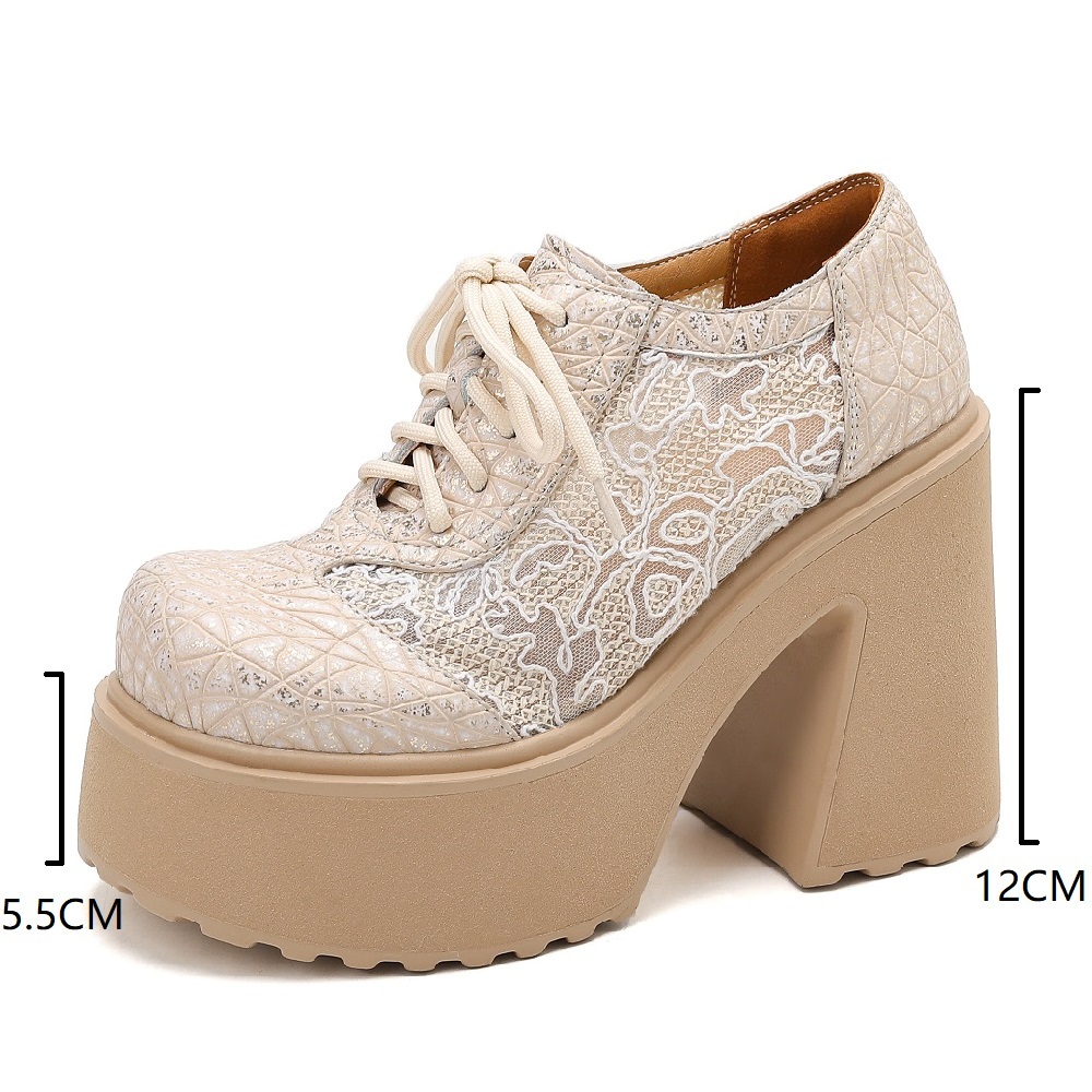 Women's Spring Summer Genuine Leather Lace Up Lace Embroidered 12 CM Block Heel Sweet Cool Retro Slim Embossed Glitter Versatile Pumps 60512
