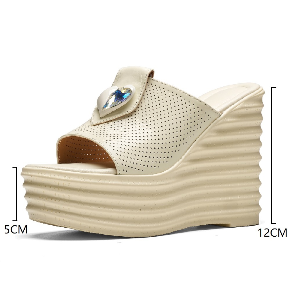 Genuine Leather Slim 12 CM Wedge Heel Crystals Heart Cut Out Platform Open Toe Versatile Breathable Summer Women's Slippers 60512