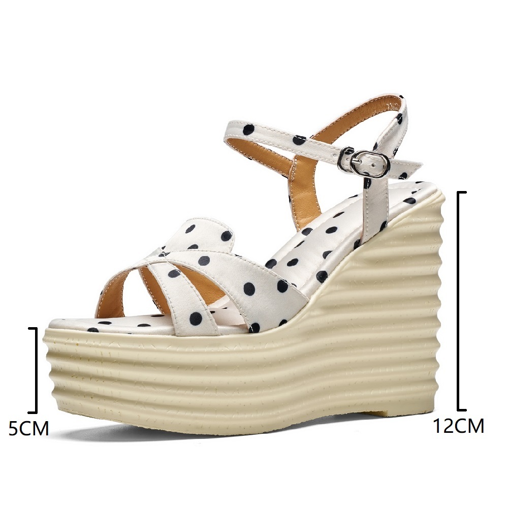 Women's Summer Gladiator Sandals Polka Dot Korean Style 12 CM Wedge Heel Platform Cut Out Open Toe Buckle Strap Slim Fit Sandals 60512