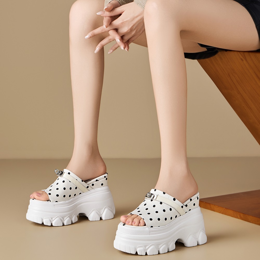 Women's Genuine Leather Summer Polka Dot Slim 12 CM Wedge Heel Platform Slippers Metal Decor Korean Style Versatile Open Toe Sandals 60512
