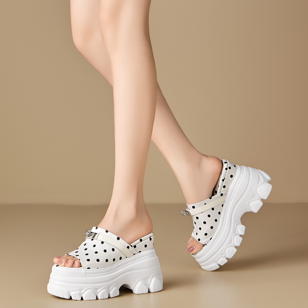 Women's Genuine Leather Summer Polka Dot Slim 12 CM Wedge Heel Platform Slippers Metal Decor Korean Style Versatile Open Toe Sandals 60512