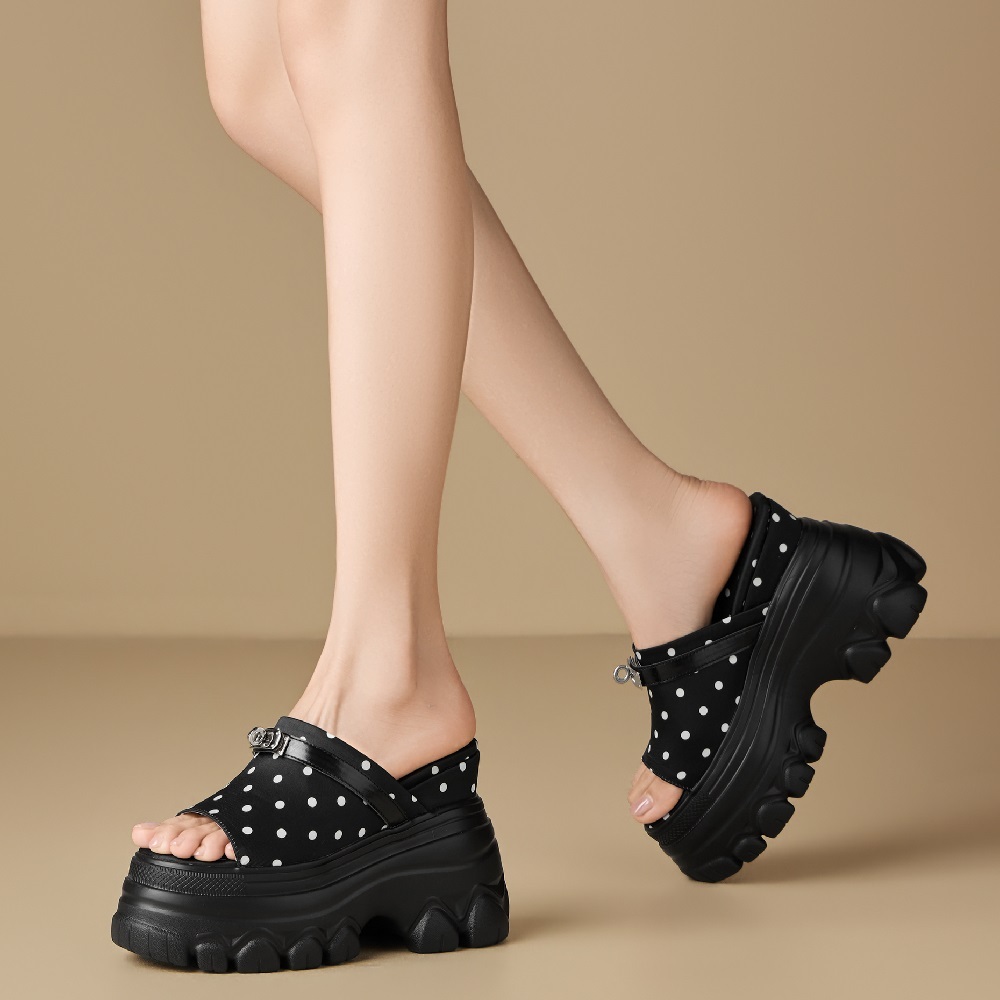 Women's Genuine Leather Summer Polka Dot Slim 12 CM Wedge Heel Platform Slippers Metal Decor Korean Style Versatile Open Toe Sandals 60512