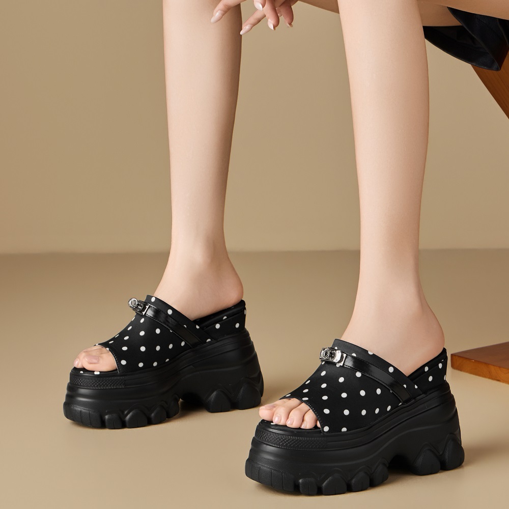 Women's Genuine Leather Summer Polka Dot Slim 12 CM Wedge Heel Platform Slippers Metal Decor Korean Style Versatile Open Toe Sandals 60512