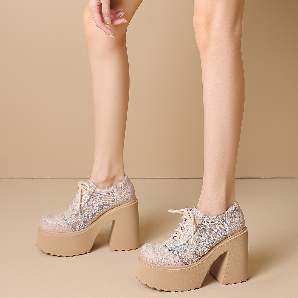 Women's Spring Summer Genuine Leather Lace Up Lace Embroidered 12 CM Block Heel Sweet Cool Retro Slim Embossed Glitter Versatile Pumps 60512