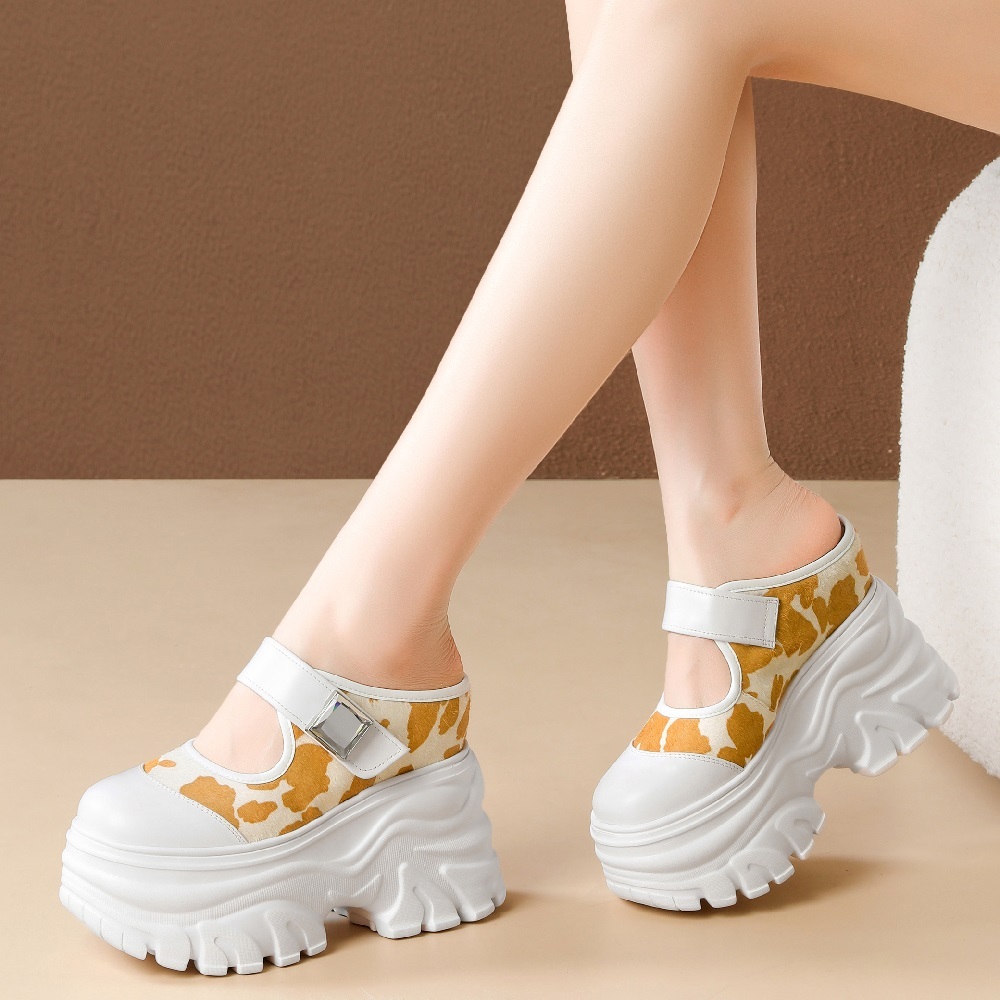 Women Spring Summer Genuine Leather Polka Dot 12 CM Thick Platform Inner Heightening Backless Mule Sandals Crystals Hook Loop Casual Closed Toe Slippers 60512