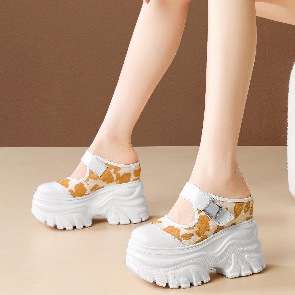 Women Spring Summer Genuine Leather Polka Dot 12 CM Thick Platform Inner Heightening Backless Mule Sandals Crystals Hook Loop Casual Closed Toe Slippers 60512