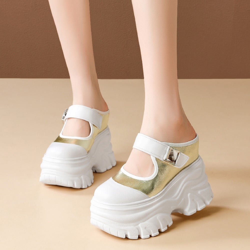 Women Spring Summer Genuine Leather Polka Dot 12 CM Thick Platform Inner Heightening Backless Mule Sandals Crystals Hook Loop Casual Closed Toe Slippers 60512