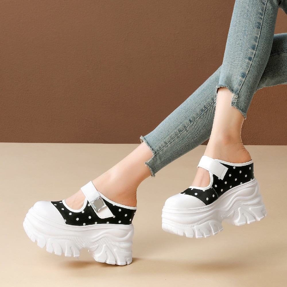 Women Spring Summer Genuine Leather Polka Dot 12 CM Thick Platform Inner Heightening Backless Mule Sandals Crystals Hook Loop Casual Closed Toe Slippers 60512