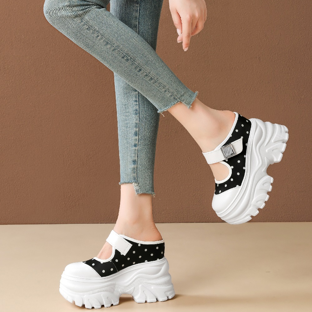 Women Spring Summer Genuine Leather Polka Dot 12 CM Thick Platform Inner Heightening Backless Mule Sandals Crystals Hook Loop Casual Closed Toe Slippers 60512