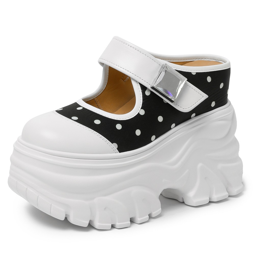 Women Spring Summer Genuine Leather Polka Dot 12 CM Thick Platform Inner Heightening Backless Mule Sandals Crystals Hook Loop Casual Closed Toe Slippers 60512