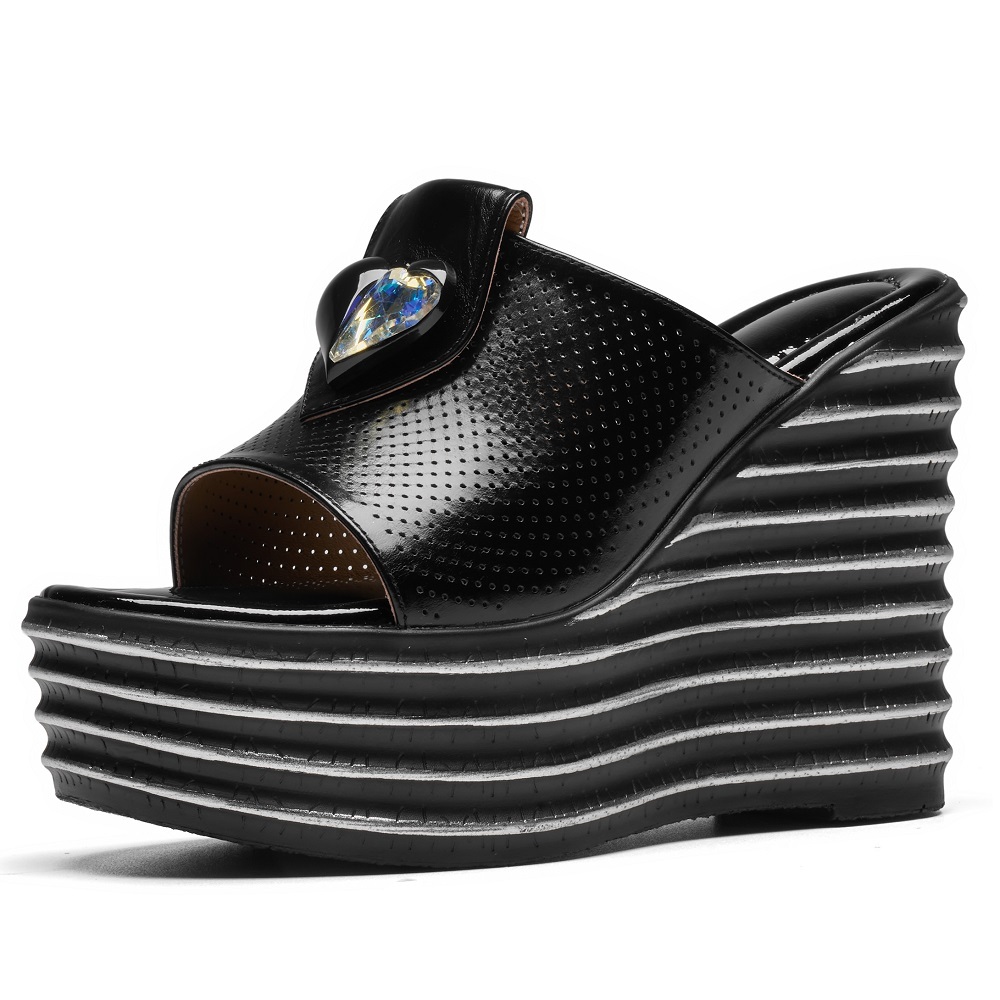 Genuine Leather Slim 12 CM Wedge Heel Crystals Heart Cut Out Platform Open Toe Versatile Breathable Summer Women's Slippers 60512