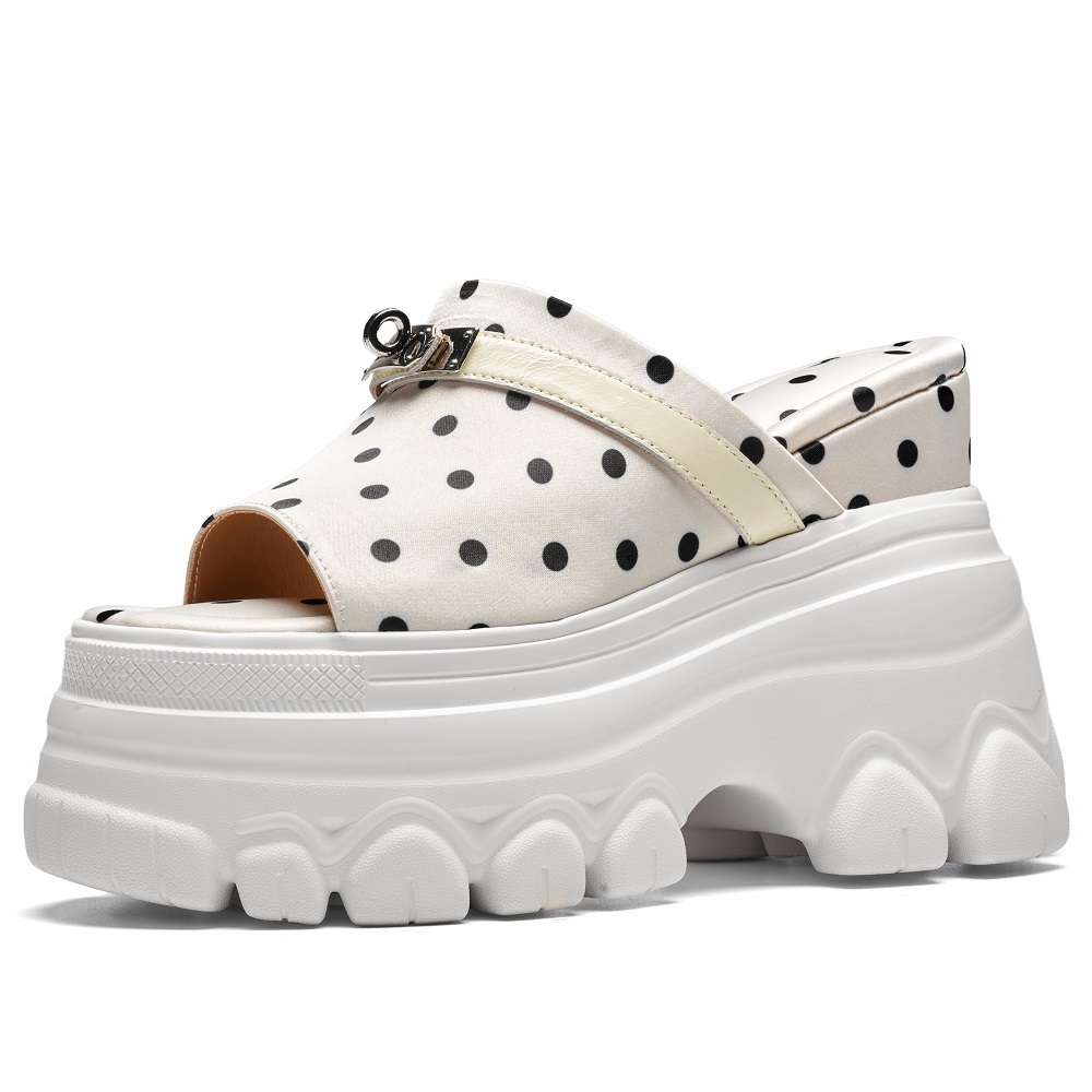 Women's Genuine Leather Summer Polka Dot Slim 12 CM Wedge Heel Platform Slippers Metal Decor Korean Style Versatile Open Toe Sandals 60512