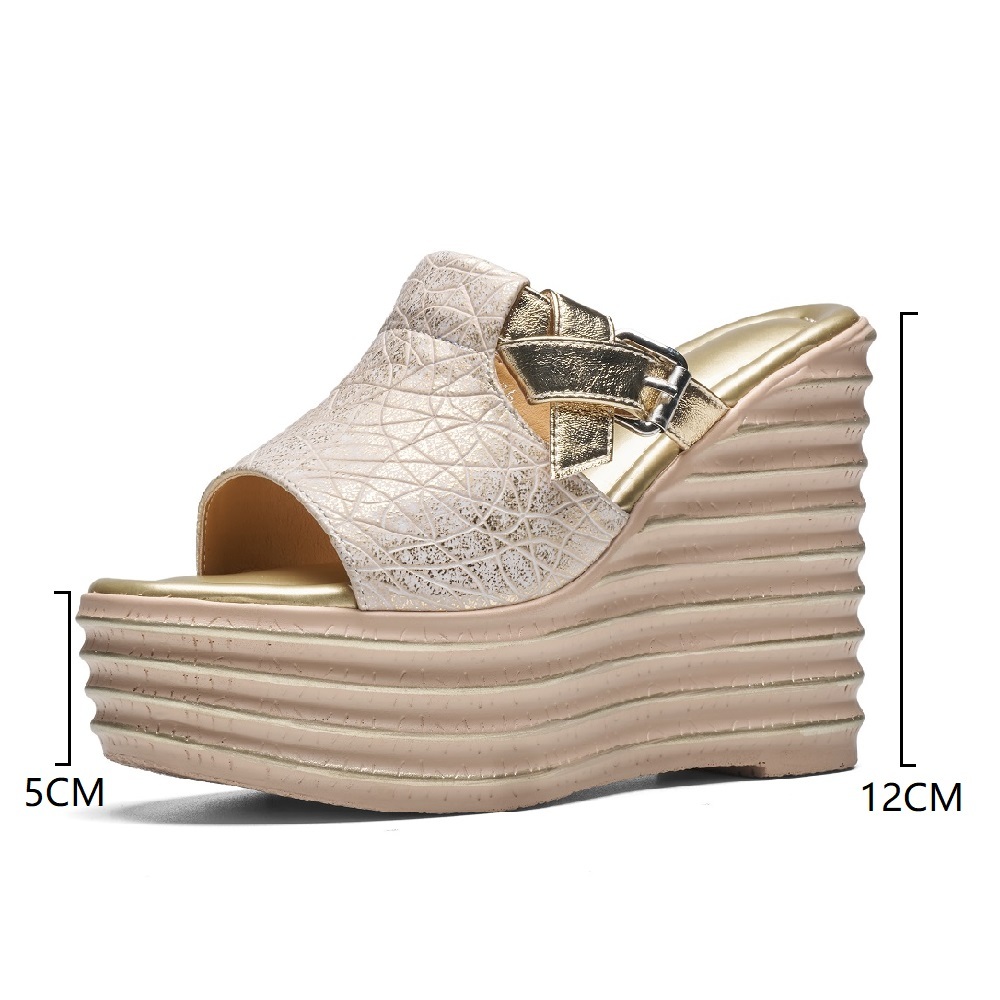 12 CM High Heel Wedge Slippers Women Summer Peep Toe Platform Shoes Genuine Leather Embossed Metal Buckle Fashion Versatile Sandals 60513