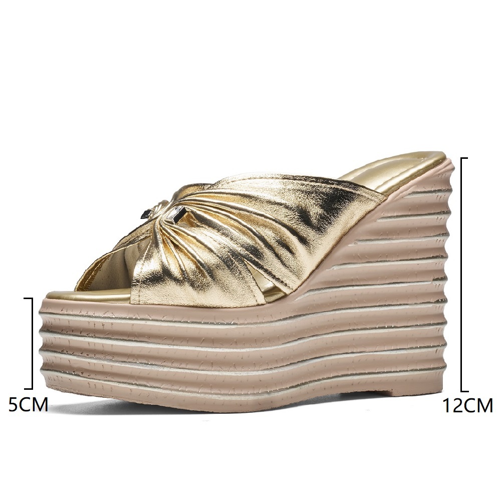 Women's Genuine Sheepskin Ruched Peep Toe Slim Fit 12 CM Wedge Platform Slippers Summer European Style Sexy Versatile Slide Sandals 60513