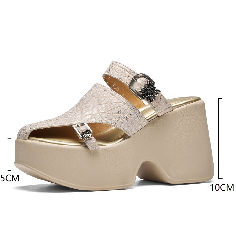 Women Summer New Cut Out Fashion 10 CM Platform Wedge Heel Gladiator Belt Metal Buckle Closed Toe Versatile Mule Slippers 60513