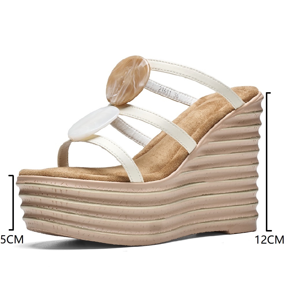 Women's 12 CM Wedge Heel Platform Peep Toe Cut Out Slippers Thin Strap European Style Slim Fit Versatile Slide Sandals 60513