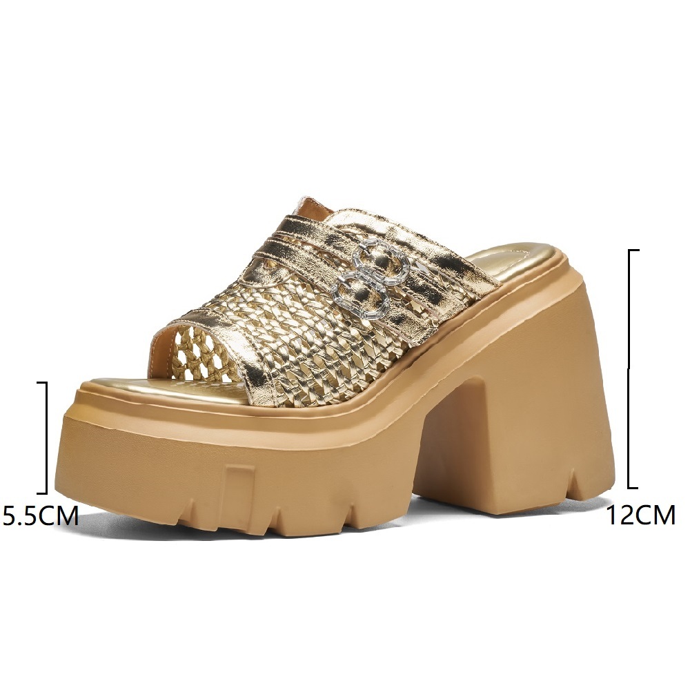Women's Summer Genuine Leather Woven Hollow Out 12 CM Block Heel Platform Buckle Peep Toe Fashion Gladiator Slide Sandals 60513