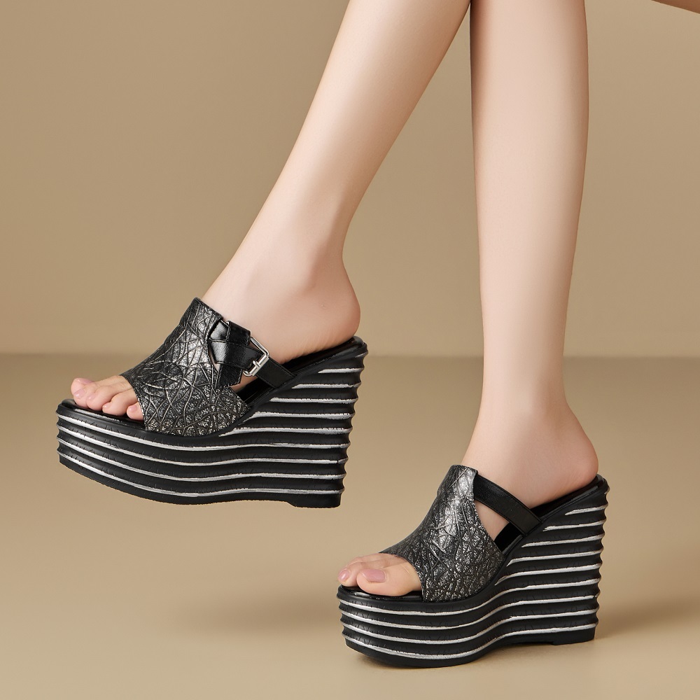 12 CM High Heel Wedge Slippers Women Summer Peep Toe Platform Shoes Genuine Leather Embossed Metal Buckle Fashion Versatile Sandals 60513