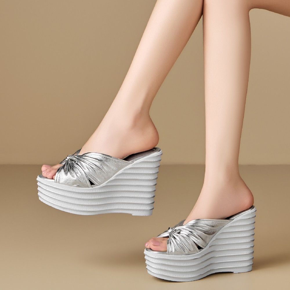 Women's Genuine Sheepskin Ruched Peep Toe Slim Fit 12 CM Wedge Platform Slippers Summer European Style Sexy Versatile Slide Sandals 60513