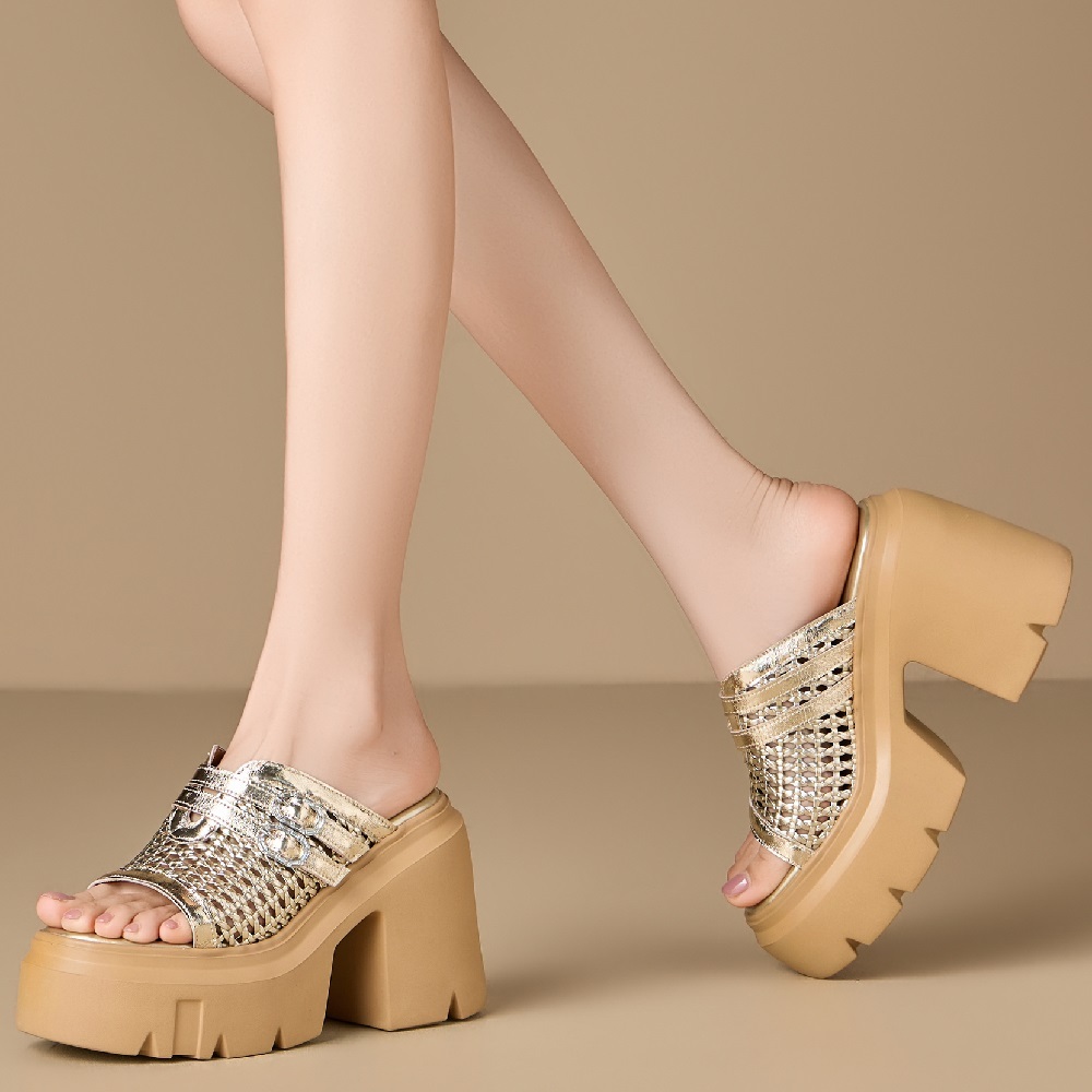 Women's Summer Genuine Leather Woven Hollow Out 12 CM Block Heel Platform Buckle Peep Toe Fashion Gladiator Slide Sandals 60513