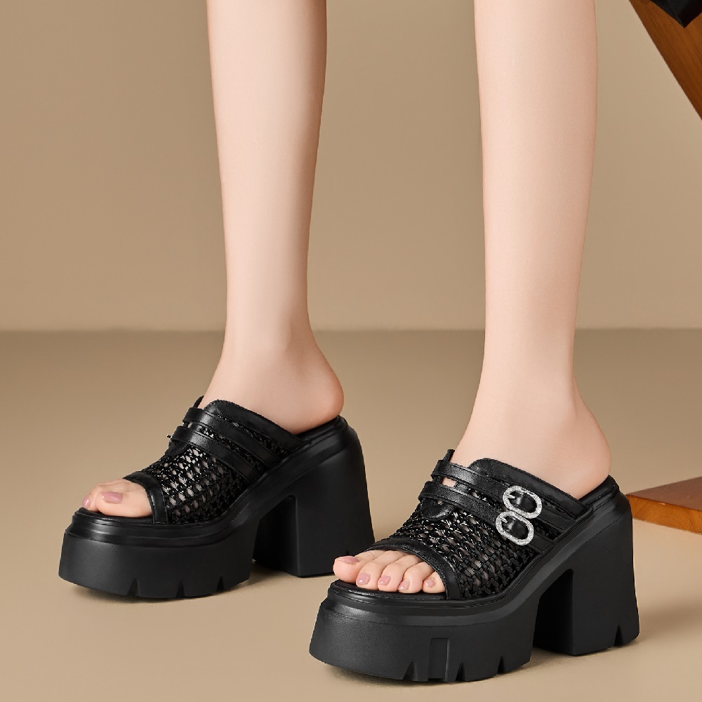 Women's Summer Genuine Leather Woven Hollow Out 12 CM Block Heel Platform Buckle Peep Toe Fashion Gladiator Slide Sandals 60513