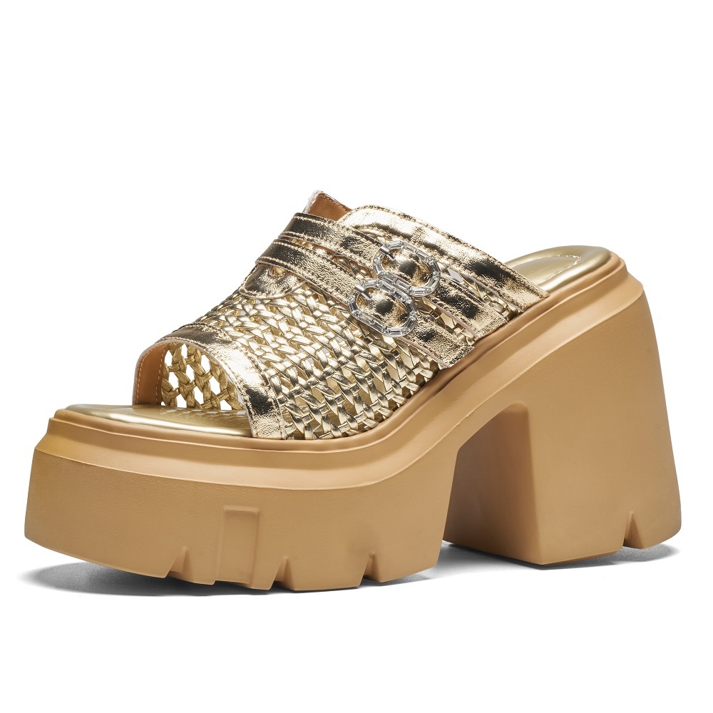 Women's Summer Genuine Leather Woven Hollow Out 12 CM Block Heel Platform Buckle Peep Toe Fashion Gladiator Slide Sandals 60513