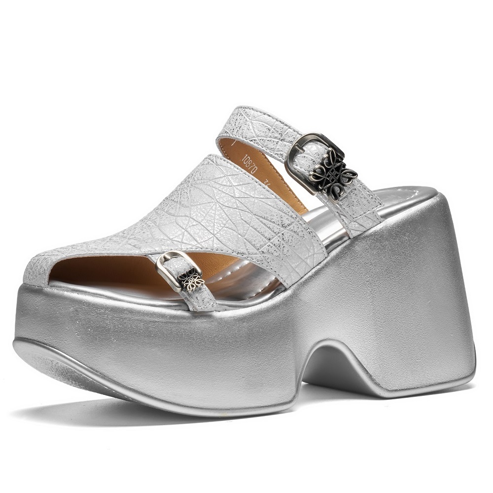 Women Summer New Cut Out Fashion 10 CM Platform Wedge Heel Gladiator Belt Metal Buckle Closed Toe Versatile Mule Slippers 60513