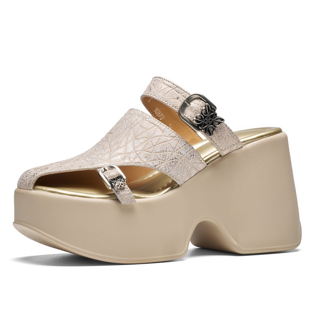 Women Summer New Cut Out Fashion 10 CM Platform Wedge Heel Gladiator Belt Metal Buckle Closed Toe Versatile Mule Slippers 60513