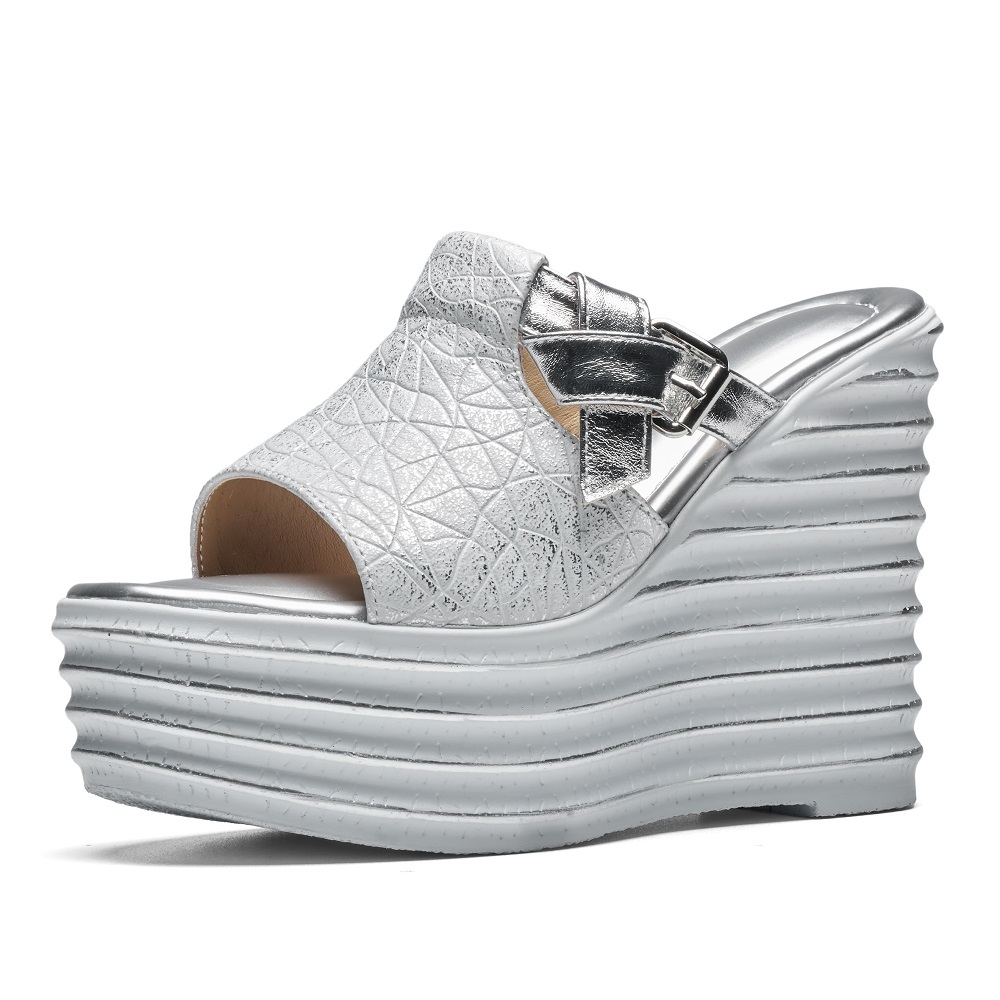 12 CM High Heel Wedge Slippers Women Summer Peep Toe Platform Shoes Genuine Leather Embossed Metal Buckle Fashion Versatile Sandals 60513