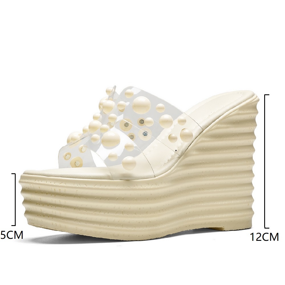 Women's Summer New Slim 12 CM Platform Wedge Slippers Pearl Embellished Open Toe Korean Fashion Versatile Sweet Sandals 60514