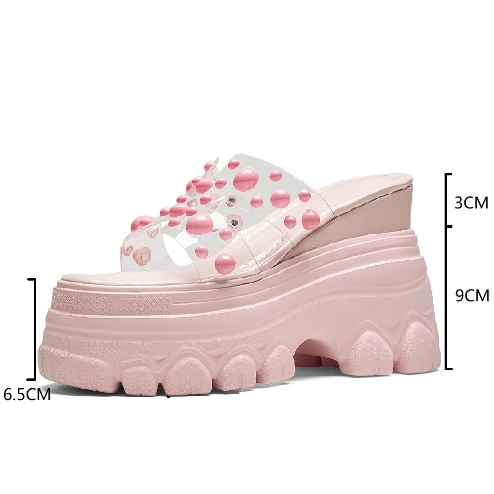 Casual Korean Sweet Style 12 CM Platform Wedge Pearl Open Toe Women's Summer Slim Fit Versatile Vacation Casual Slippers 60514