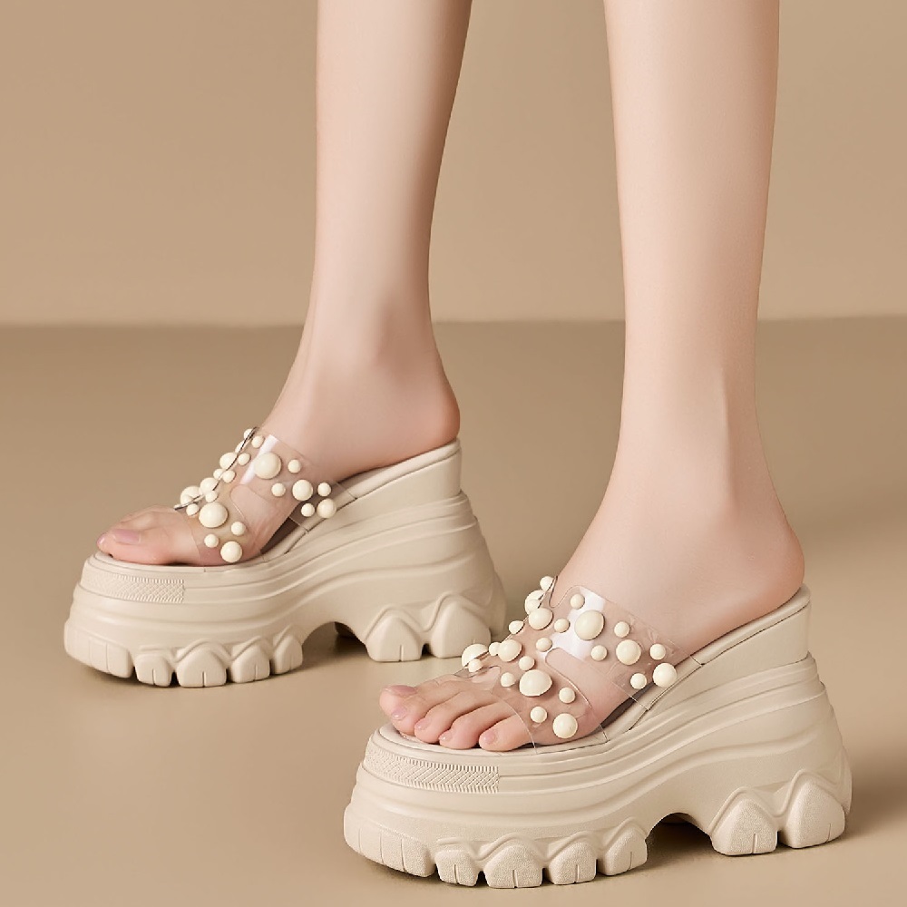 Casual Korean Sweet Style 12 CM Platform Wedge Pearl Open Toe Women's Summer Slim Fit Versatile Vacation Casual Slippers 60514