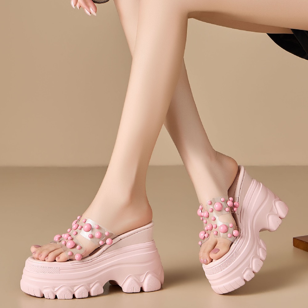 Casual Korean Sweet Style 12 CM Platform Wedge Pearl Open Toe Women's Summer Slim Fit Versatile Vacation Casual Slippers 60514