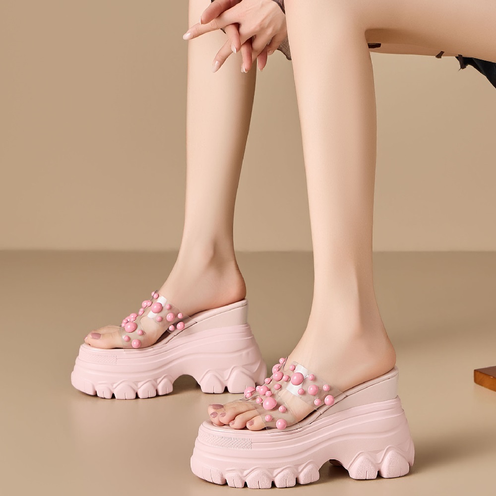 Casual Korean Sweet Style 12 CM Platform Wedge Pearl Open Toe Women's Summer Slim Fit Versatile Vacation Casual Slippers 60514