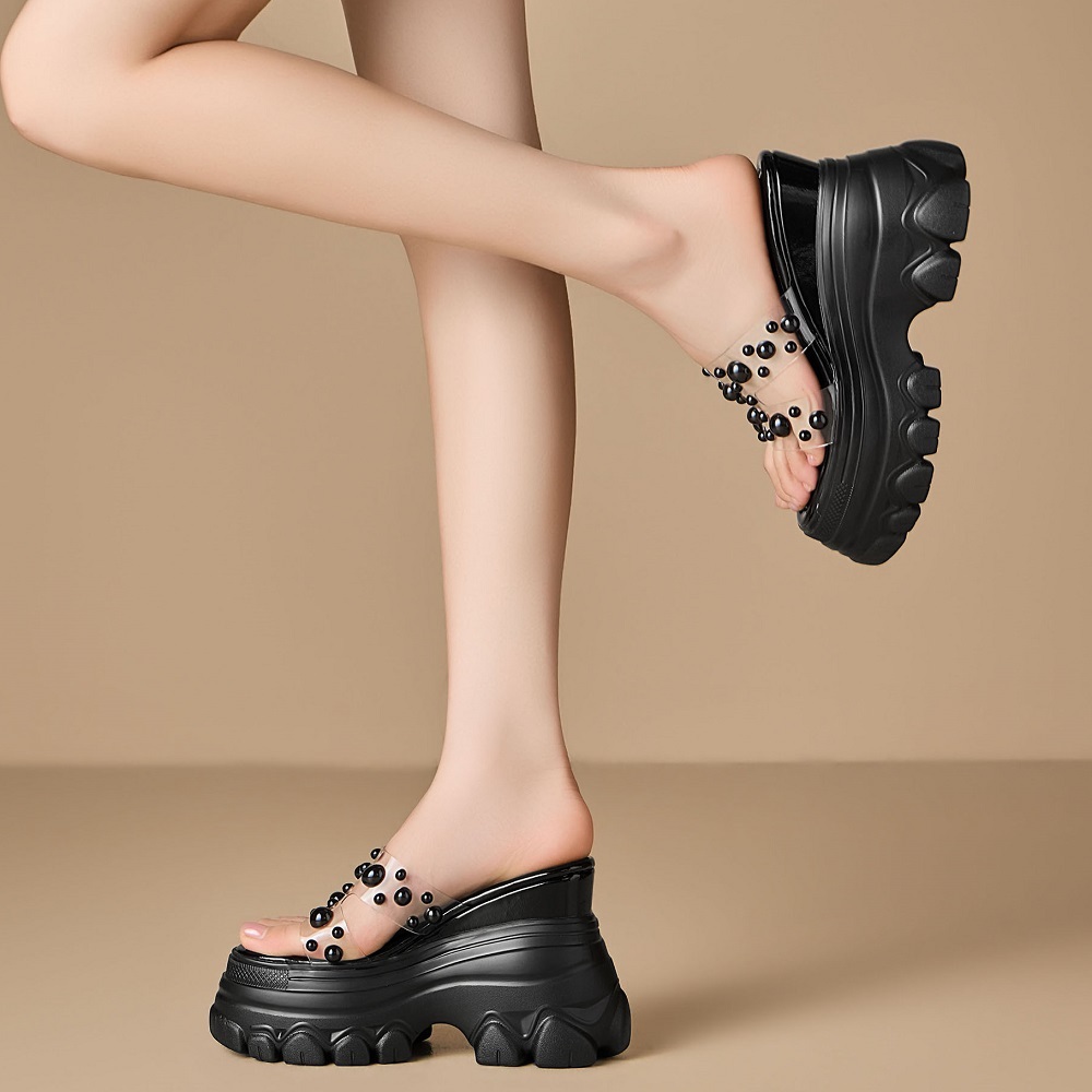 Casual Korean Sweet Style 12 CM Platform Wedge Pearl Open Toe Women's Summer Slim Fit Versatile Vacation Casual Slippers 60514