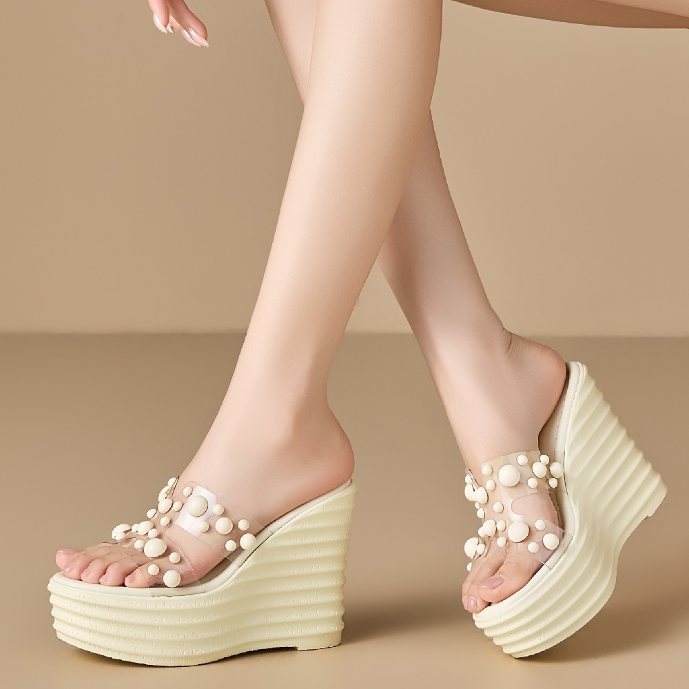 Women's Summer New Slim 12 CM Platform Wedge Slippers Pearl Embellished Open Toe Korean Fashion Versatile Sweet Sandals 60514