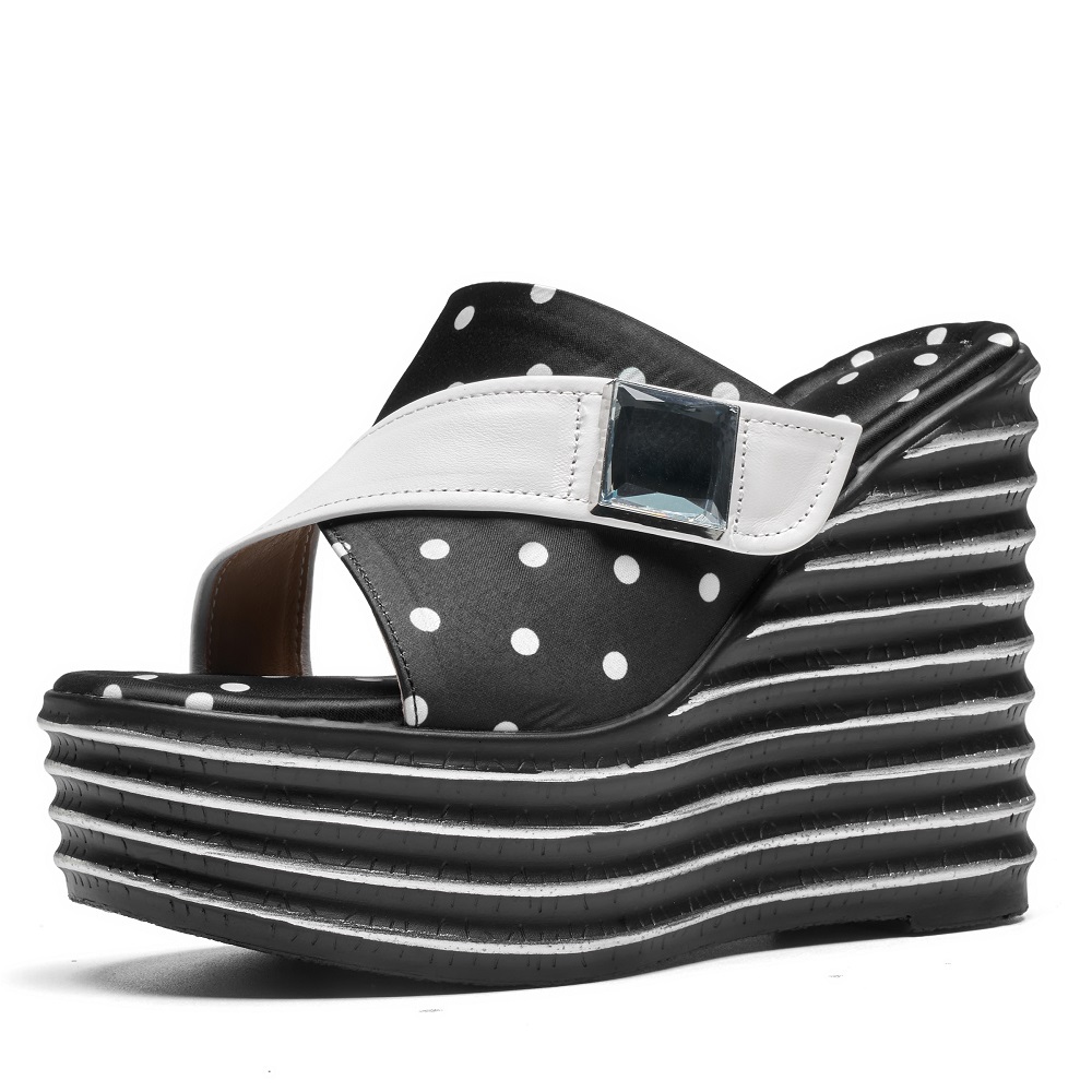 12 CM High Wedge Heel Women's Slides Polka Dot Retro Crystals Korean Style Genuine Leather Cut Out Summer Vacation Slippers 60514