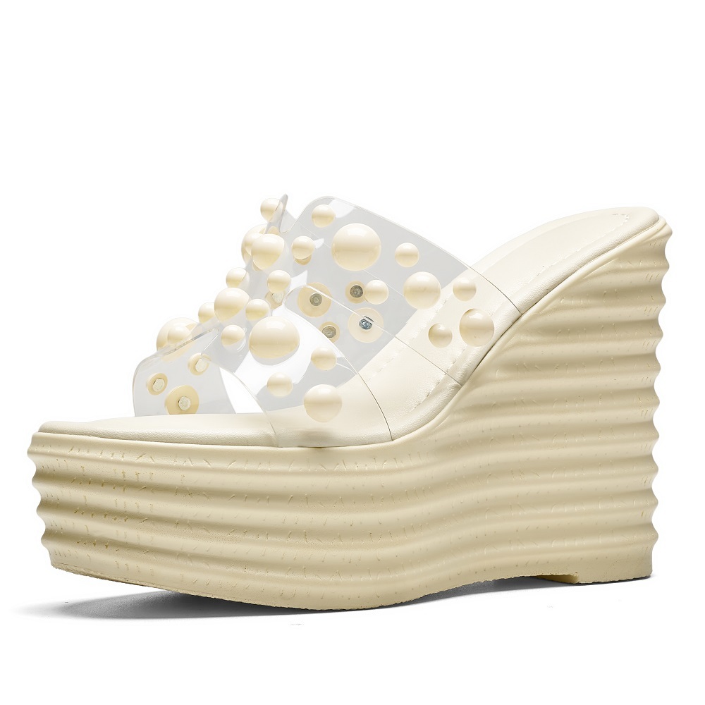 Women's Summer New Slim 12 CM Platform Wedge Slippers Pearl Embellished Open Toe Korean Fashion Versatile Sweet Sandals 60514