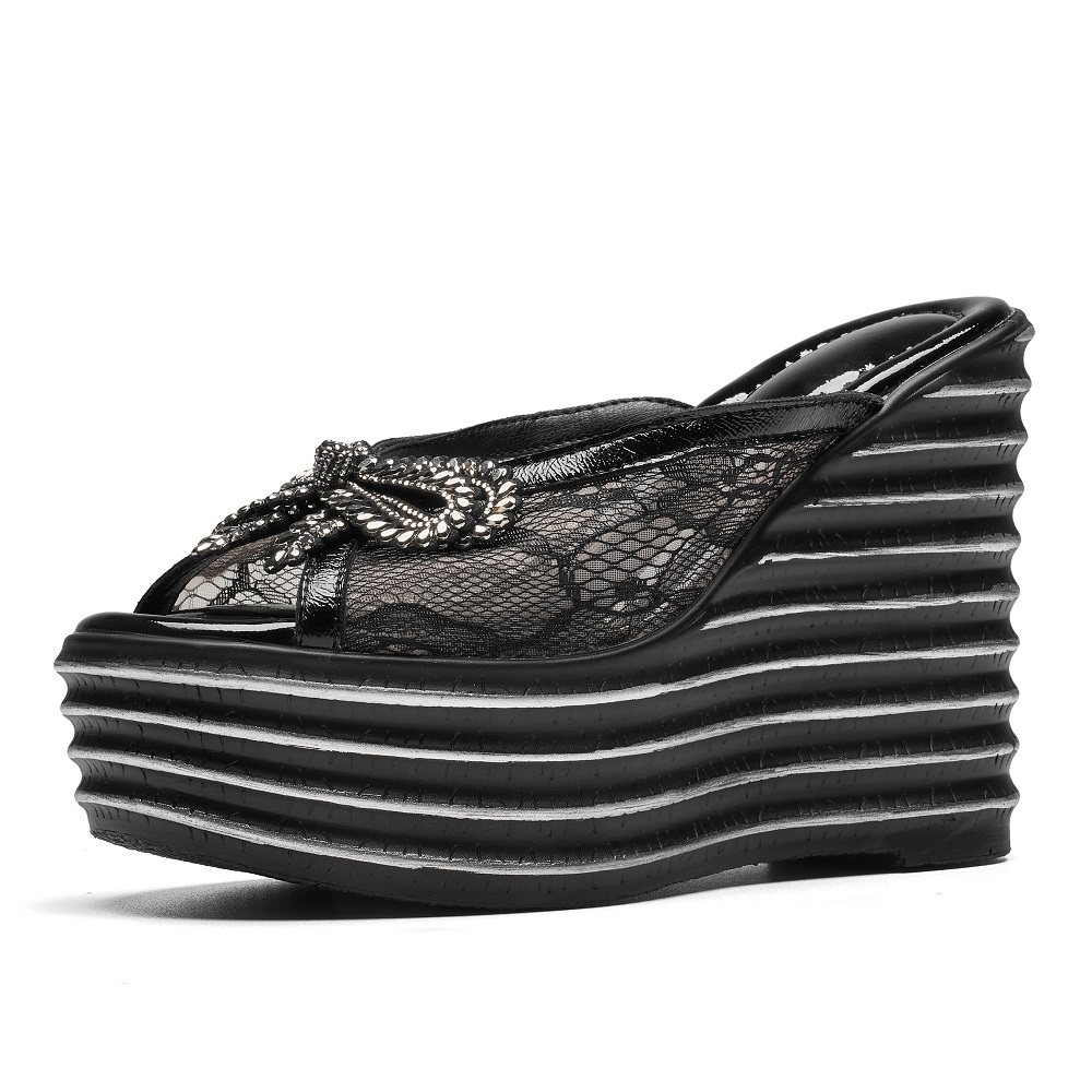 Women's Summer 12 CM Wedge Heel Platform Slippers Mesh Bow Crystals Peep Toe Hollow Out Slim Sexy Versatile Fashion Sandals 60514