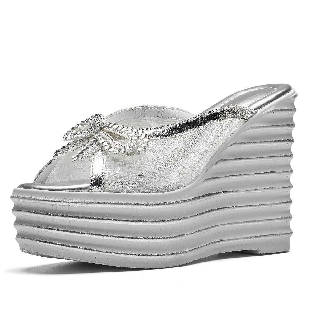 Women's Summer 12 CM Wedge Heel Platform Slippers Mesh Bow Crystals Peep Toe Hollow Out Slim Sexy Versatile Fashion Sandals 60514