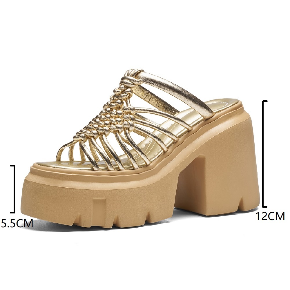 Women's Summer New 12 CM Square Heel Platform Slippers Thin Strap Woven Hollow Out French Style Versatile Vacation Sandals 60515