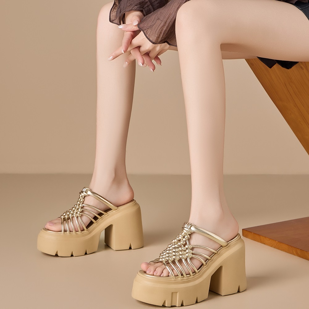 Women's Summer New 12 CM Square Heel Platform Slippers Thin Strap Woven Hollow Out French Style Versatile Vacation Sandals 60515