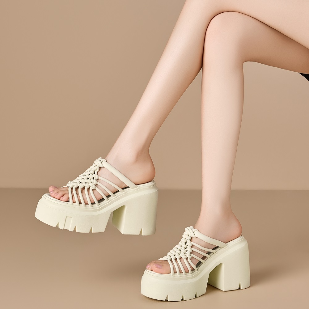 Women's Summer New 12 CM Square Heel Platform Slippers Thin Strap Woven Hollow Out French Style Versatile Vacation Sandals 60515