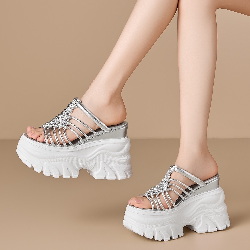 Women's Thin Strap Knitted 12 CM Platform Wedge Heel Open Toe Gladiator Slippers Casual Fashion Versatile Korean Style Slides 60515