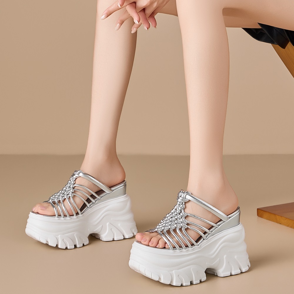 Women's Thin Strap Knitted 12 CM Platform Wedge Heel Open Toe Gladiator Slippers Casual Fashion Versatile Korean Style Slides 60515