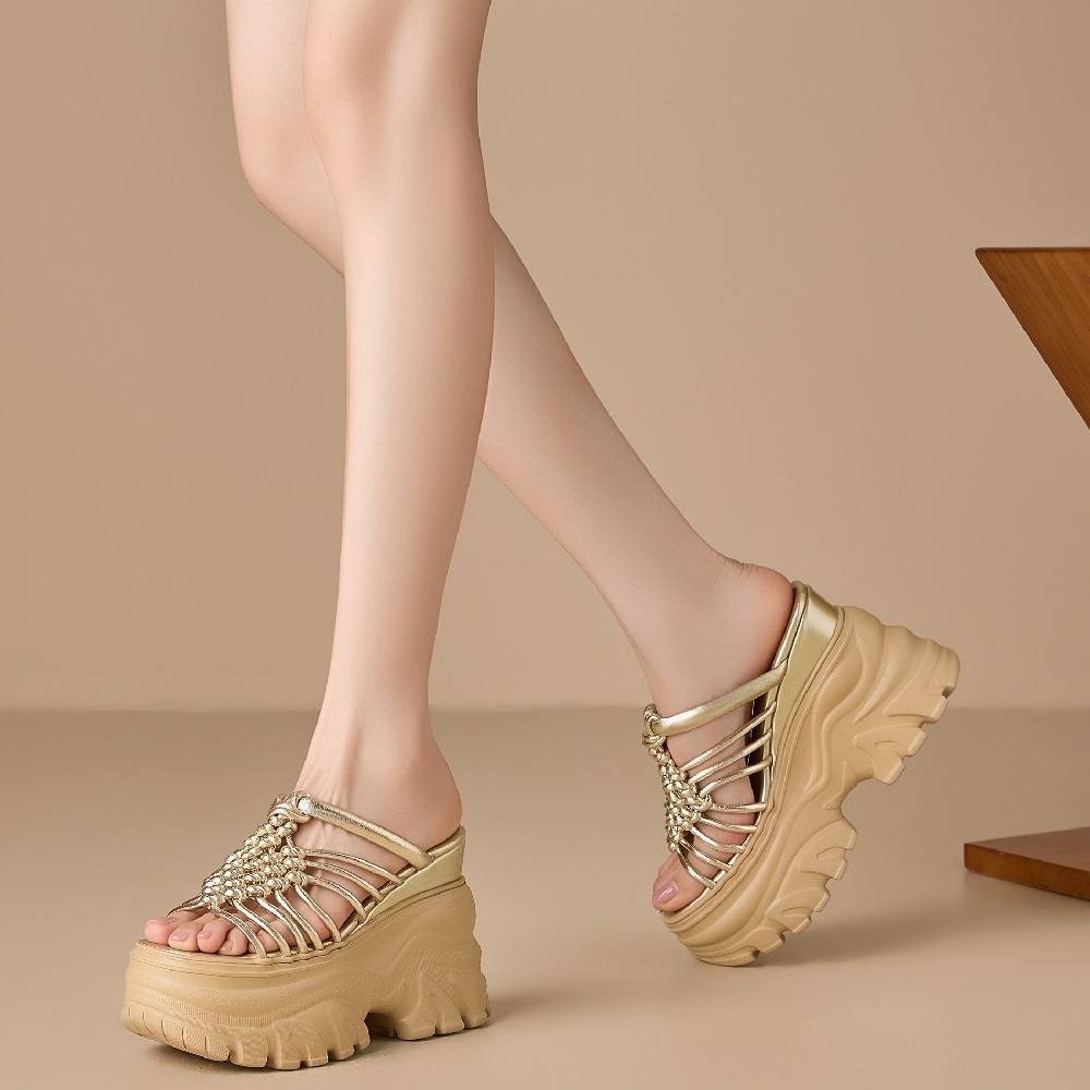 Women's Thin Strap Knitted 12 CM Platform Wedge Heel Open Toe Gladiator Slippers Casual Fashion Versatile Korean Style Slides 60515