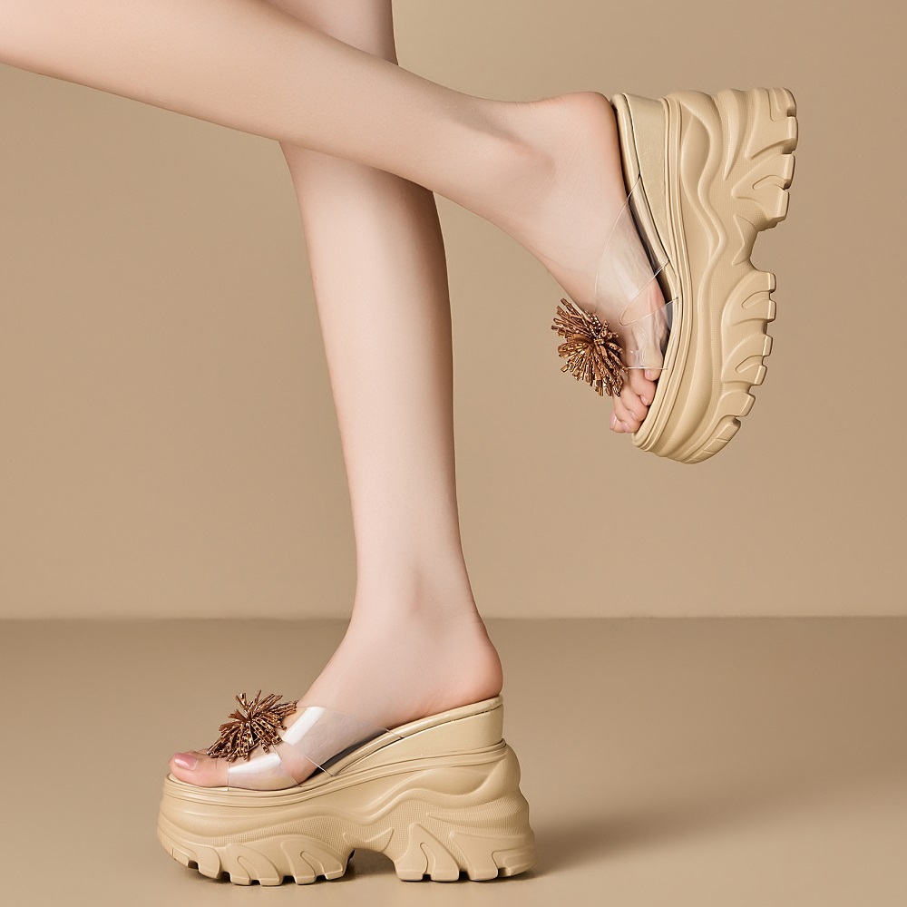 Women's 12 CM Platform Wedge Thick Sole Slippers Open Toe Crystals Firework Decor Summer New Fashion Versatile Slim Fit Slides 60515