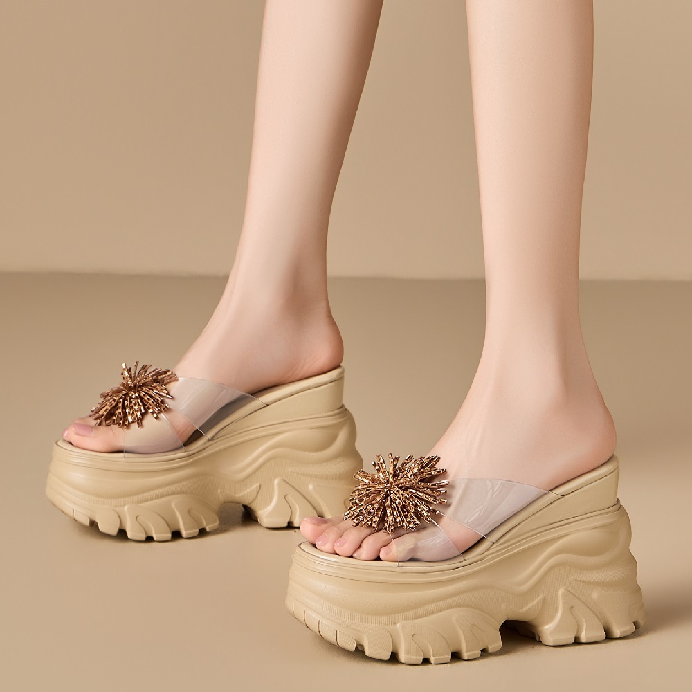 Women's 12 CM Platform Wedge Thick Sole Slippers Open Toe Crystals Firework Decor Summer New Fashion Versatile Slim Fit Slides 60515