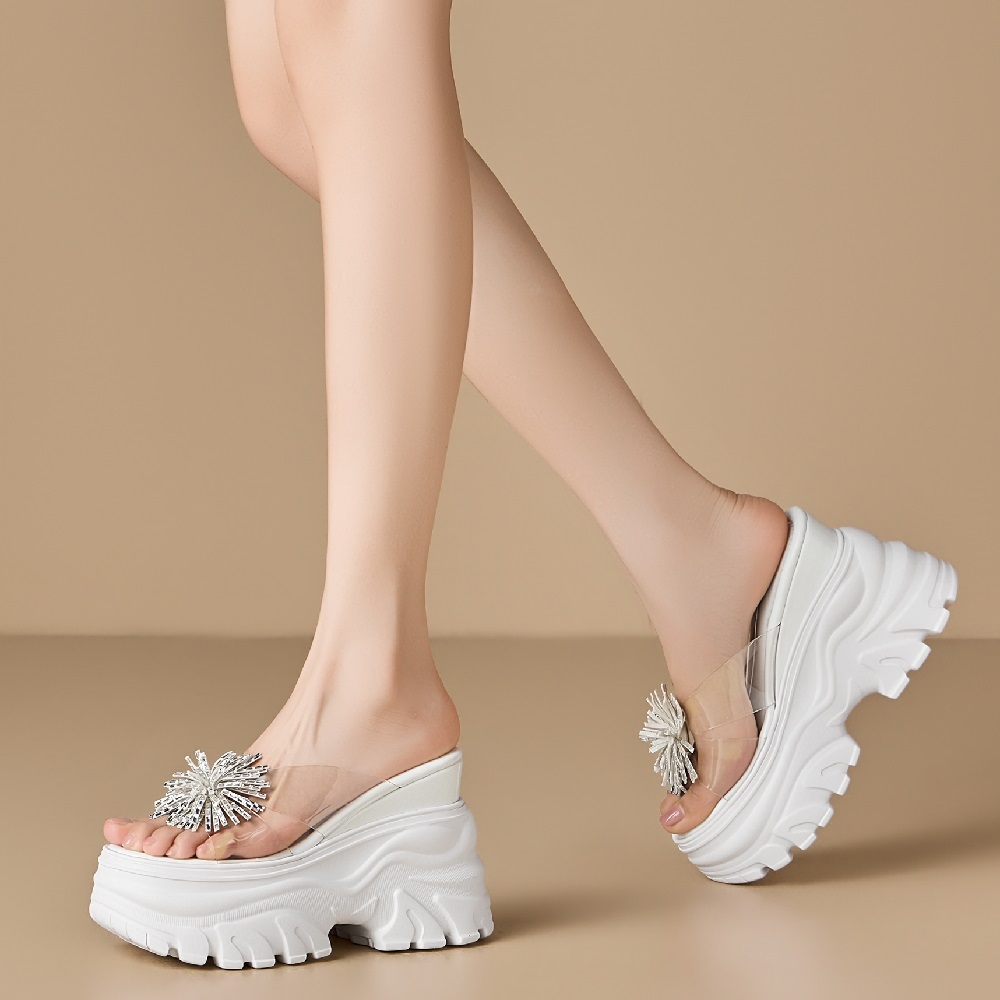Women's 12 CM Platform Wedge Thick Sole Slippers Open Toe Crystals Firework Decor Summer New Fashion Versatile Slim Fit Slides 60515