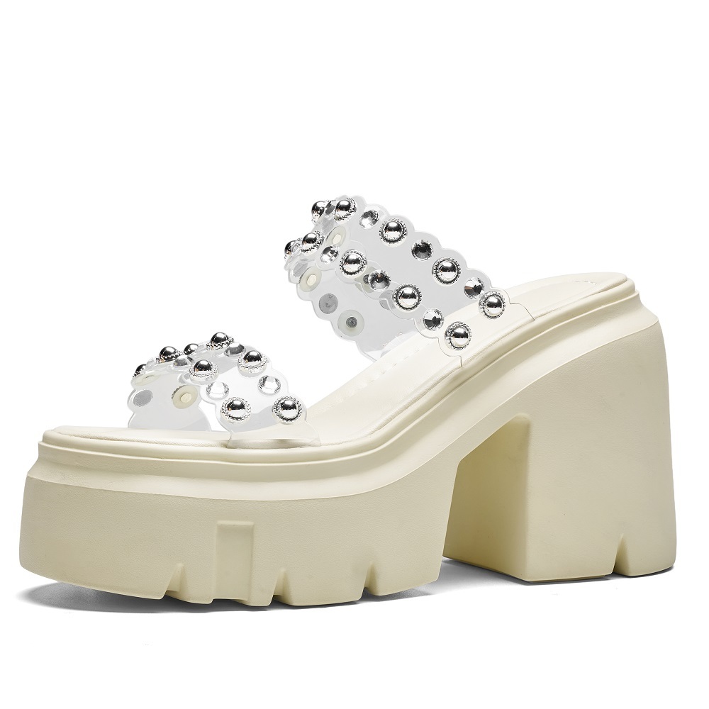 Women's Summer Sweet Cool Style 12 CM Square Heel Mule Slippers Crystals Rivets Shiny Platform Wedge Slim Fit Versatile Y2K Sandals 60515